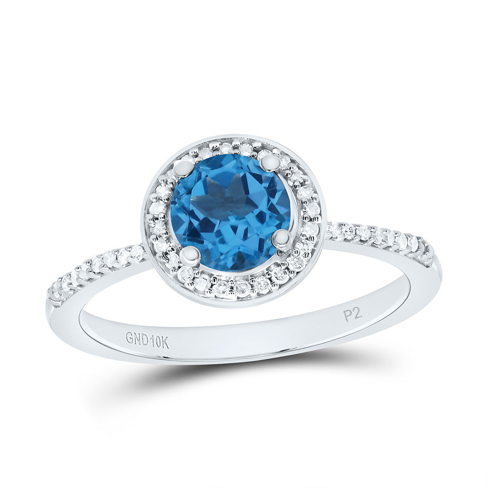 10K Yellow or White Gold 1/8 Ctw Natural Diamond 6MM Round Blue Topaz Synthetic Ring, Womens Size: 5-9