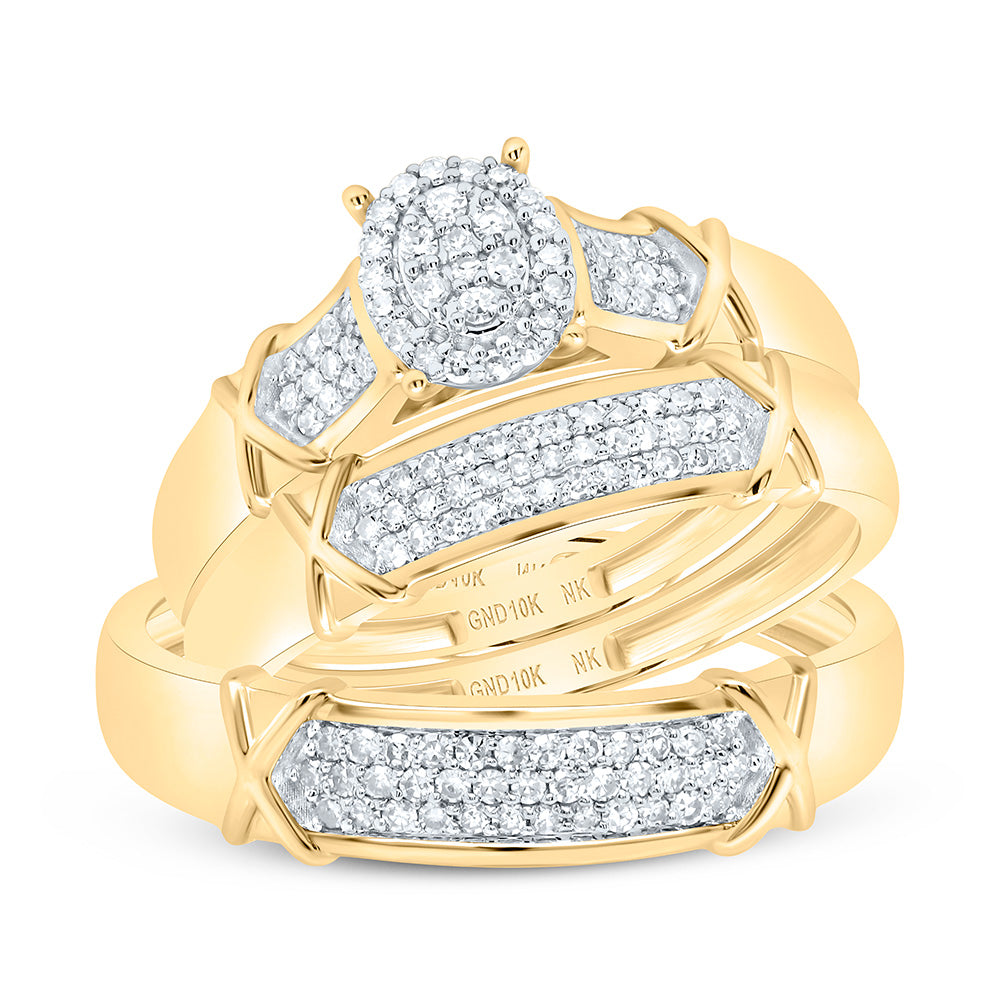 10K Yellow or White Gold 3/8 Ctw Natural Diamond Oval Trio Set, Womens Size: 5-9, Mens Size: 8-12
