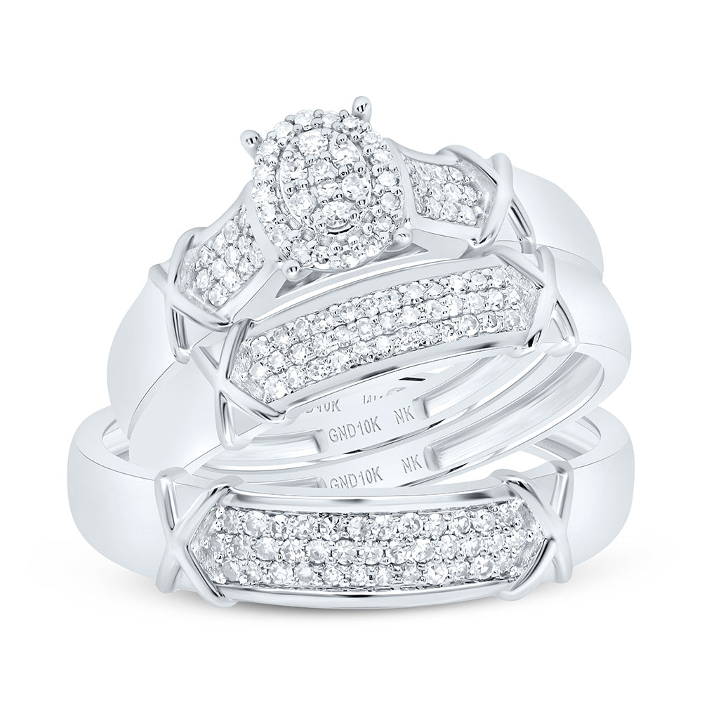 10K Yellow or White Gold 3/8 Ctw Natural Diamond Oval Trio Set, Womens Size: 5-9, Mens Size: 8-12