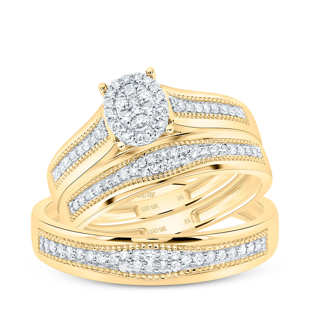 10K Yellow or White Gold 3/8 Ctw Natural Diamond Oval Trio Set, Womens Size: 5-9, Mens Size: 8-12