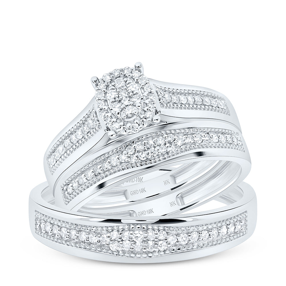 10K Yellow or White Gold 3/8 Ctw Natural Diamond Oval Trio Set, Womens Size: 5-9, Mens Size: 8-12