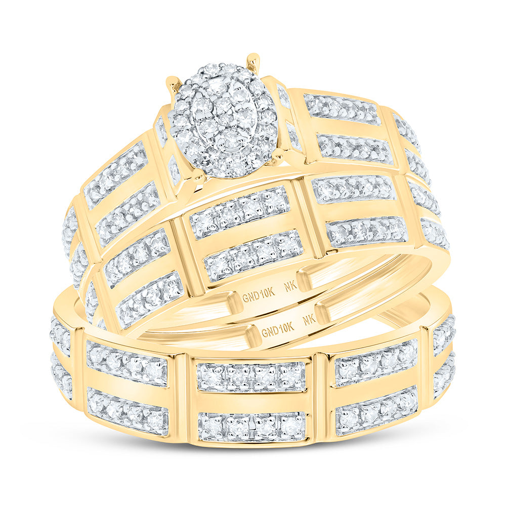 10K Yellow or White Gold 1/2 Ctw Natural Diamond Oval Trio Set, Womens Size: 5-9, Mens Size: 8-12