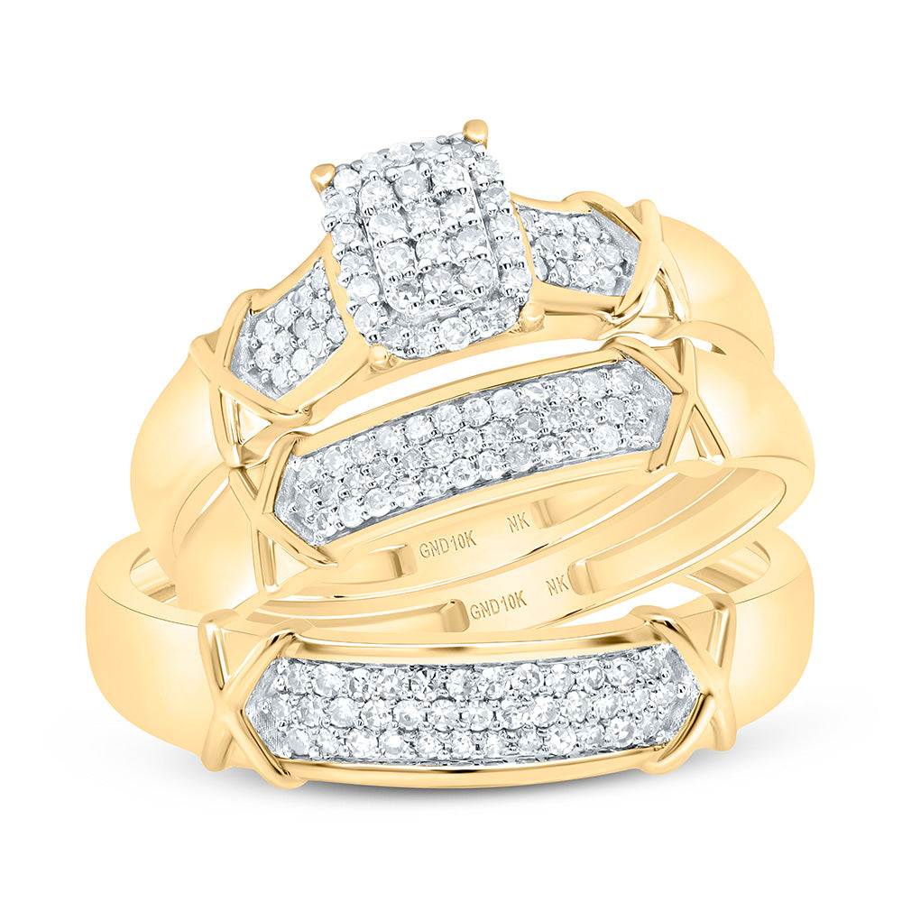 10K Yellow or White Gold 1/2 Ctw Natural Diamond Emerald Trio Set, Womens Size: 5-9, Mens Size: 8-12