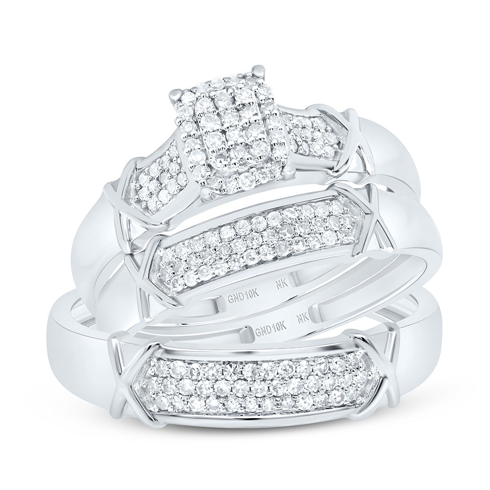 10K Yellow or White Gold 1/2 Ctw Natural Diamond Emerald Trio Set, Womens Size: 5-9, Mens Size: 8-12