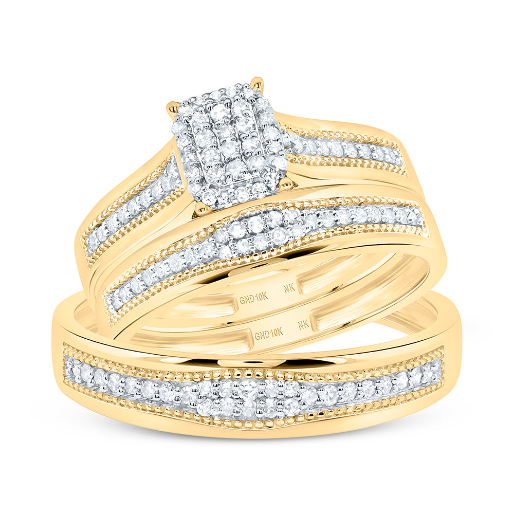 10K Yellow or White Gold 1/3 Ctw Natural Diamond Emerald Trio Set, Womens Size: 5-9, Mens Size: 8-12