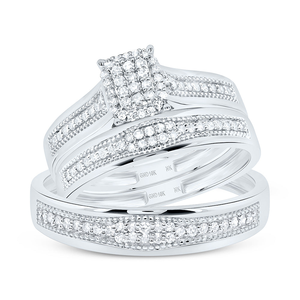10K Yellow or White Gold 1/3 Ctw Natural Diamond Emerald Trio Set, Womens Size: 5-9, Mens Size: 8-12