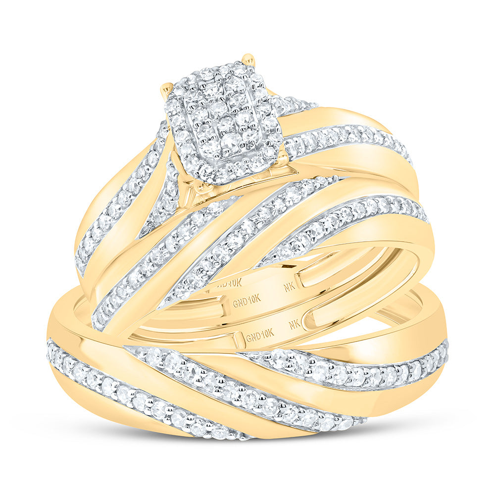 10K Yellow or White Gold 1/2 Ctw Natural Diamond Emerald Trio Set, Womens Size: 5-9, Mens Size: 8-12
