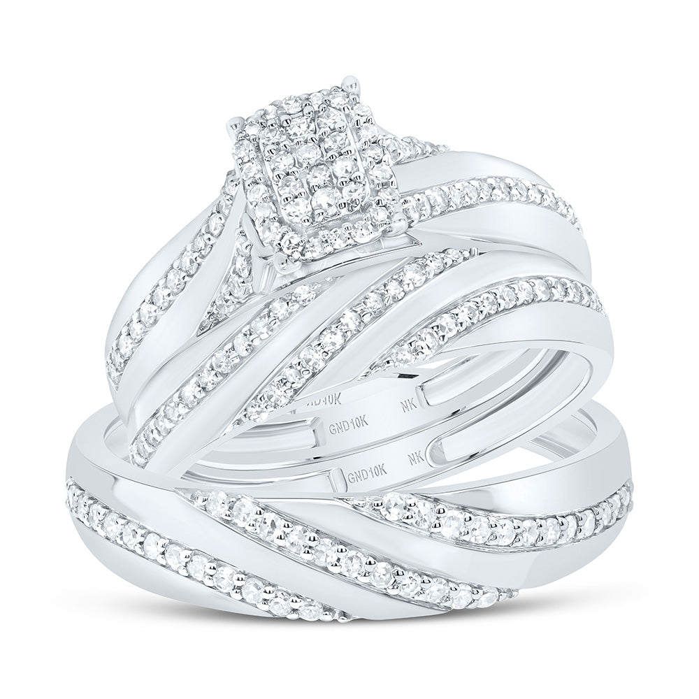 10K Yellow or White Gold 1/2 Ctw Natural Diamond Emerald Trio Set, Womens Size: 5-9, Mens Size: 8-12