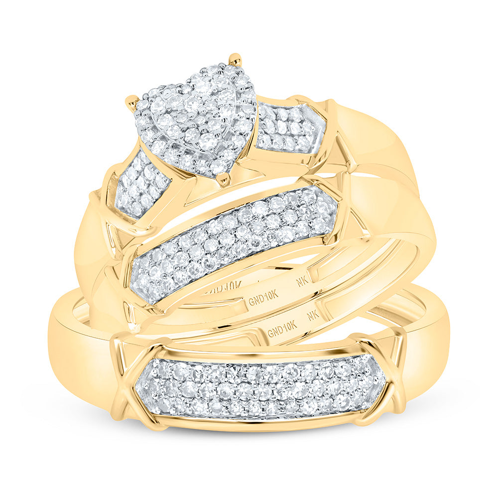 10K Yellow or White Gold 3/8 Ctw Natural Diamond Heart Trio Set, Womens Size: 5-9, Mens Size: 8-12
