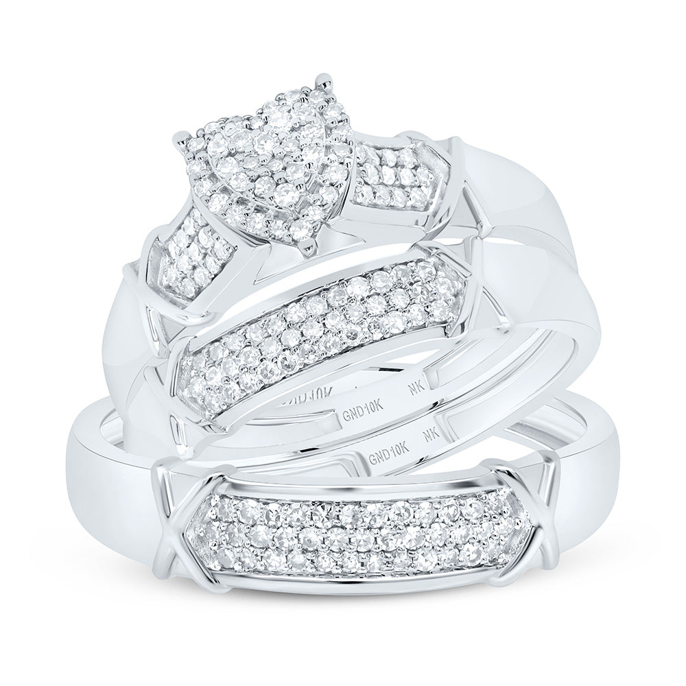 10K Yellow or White Gold 3/8 Ctw Natural Diamond Heart Trio Set, Womens Size: 5-9, Mens Size: 8-12