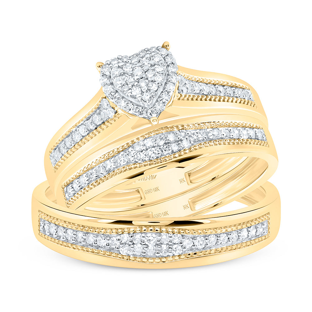 10K Yellow or White Gold 3/8 Ctw Natural Diamond Heart Trio Set, Womens Size: 5-9, Mens Size: 8-12