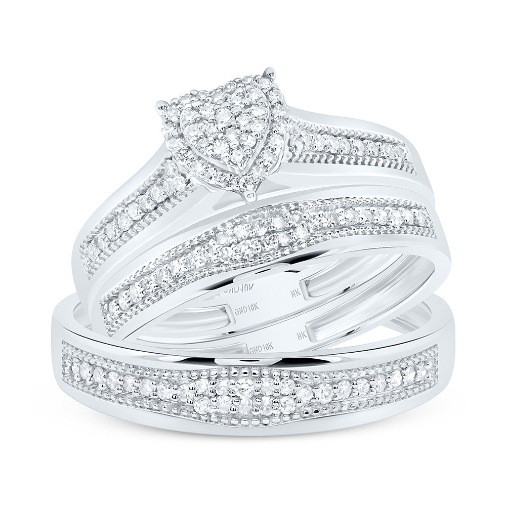 10K Yellow or White Gold 3/8 Ctw Natural Diamond Heart Trio Set, Womens Size: 5-9, Mens Size: 8-12