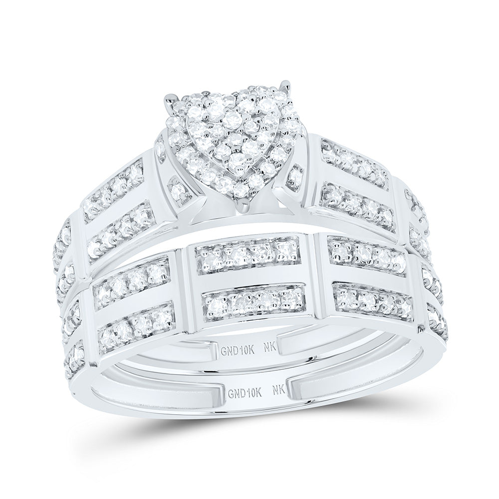 10K Yellow or White Gold 1/2 Ctw Natural Diamond Heart Trio Set, Womens Size: 5-9, Mens Size: 8-12