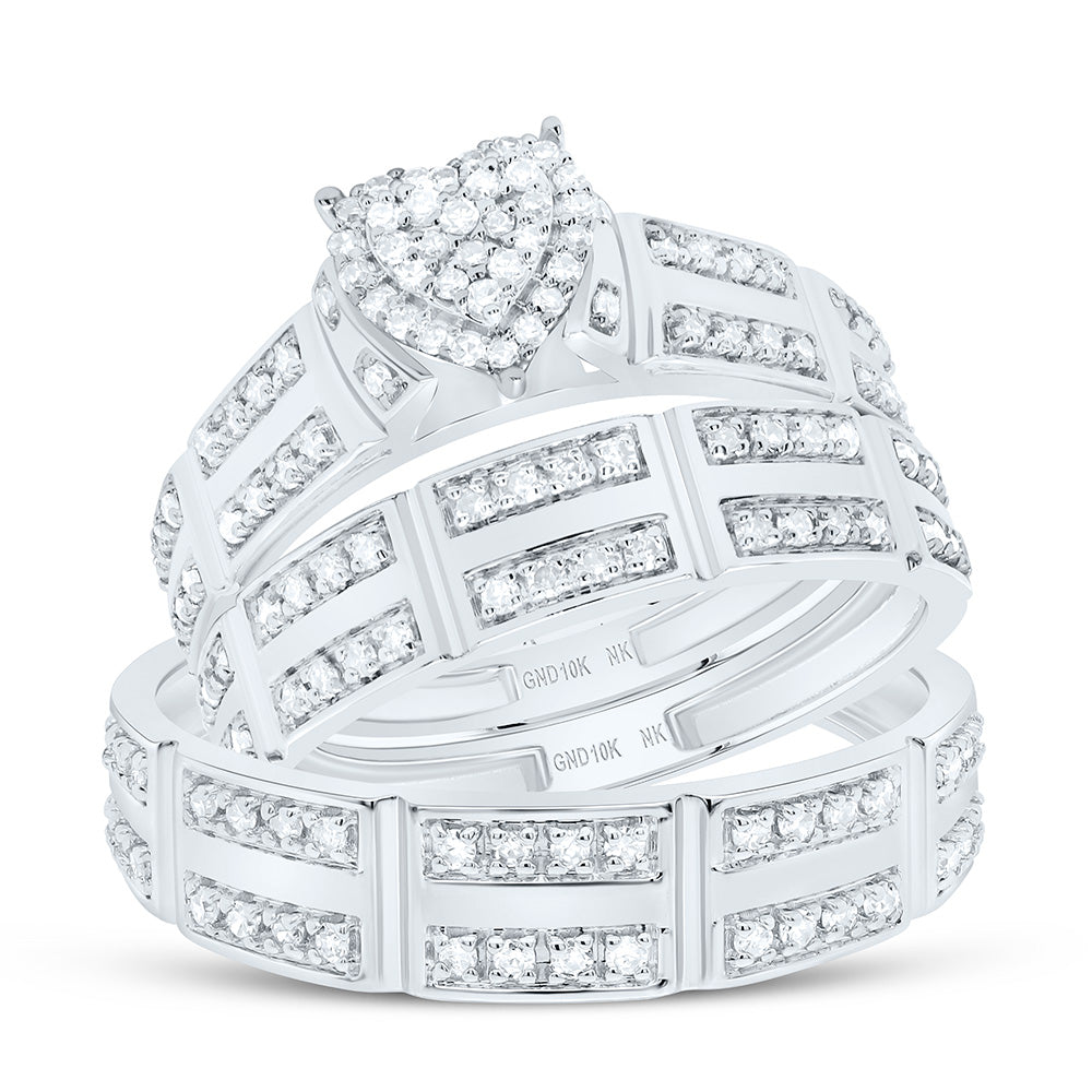 10K Yellow or White Gold 1/2 Ctw Natural Diamond Heart Trio Set, Womens Size: 5-9, Mens Size: 8-12