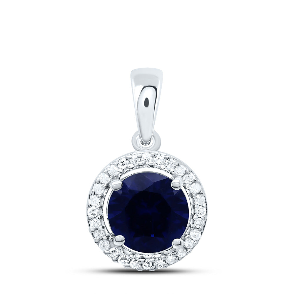 10K Yellow or White Gold 1/12 Ctw Natural Diamond 6MM Round Blue Sapphire Synthetic Pendant