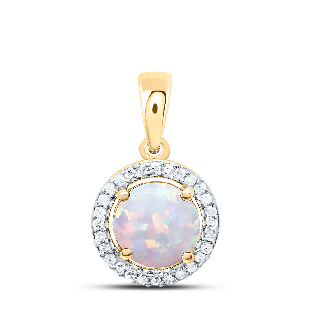 10K Yellow or White Gold 1/12 Ctw Natural Diamond 6MM Round Opal Synthetic Pendant