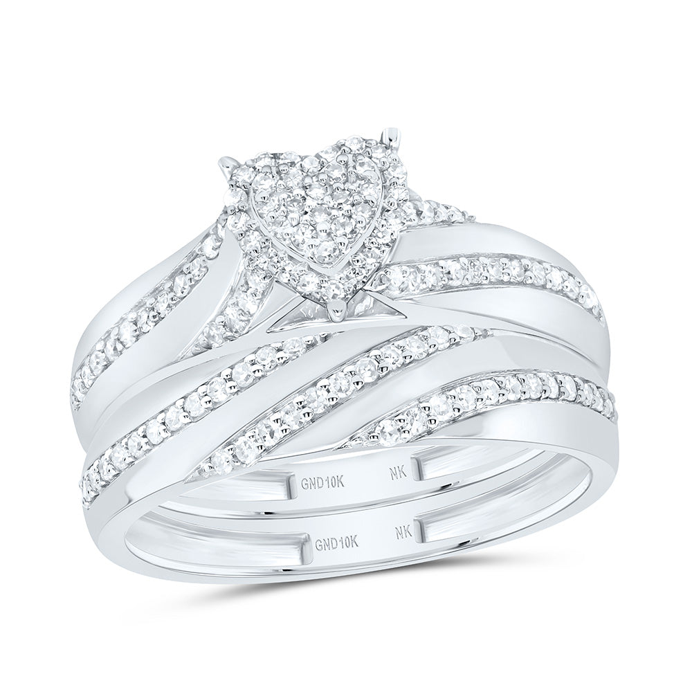 10K Yellow or White Gold 1/2 Ctw Natural Diamond Heart Trio Set, Womens Size: 5-9, Mens Size: 8-12