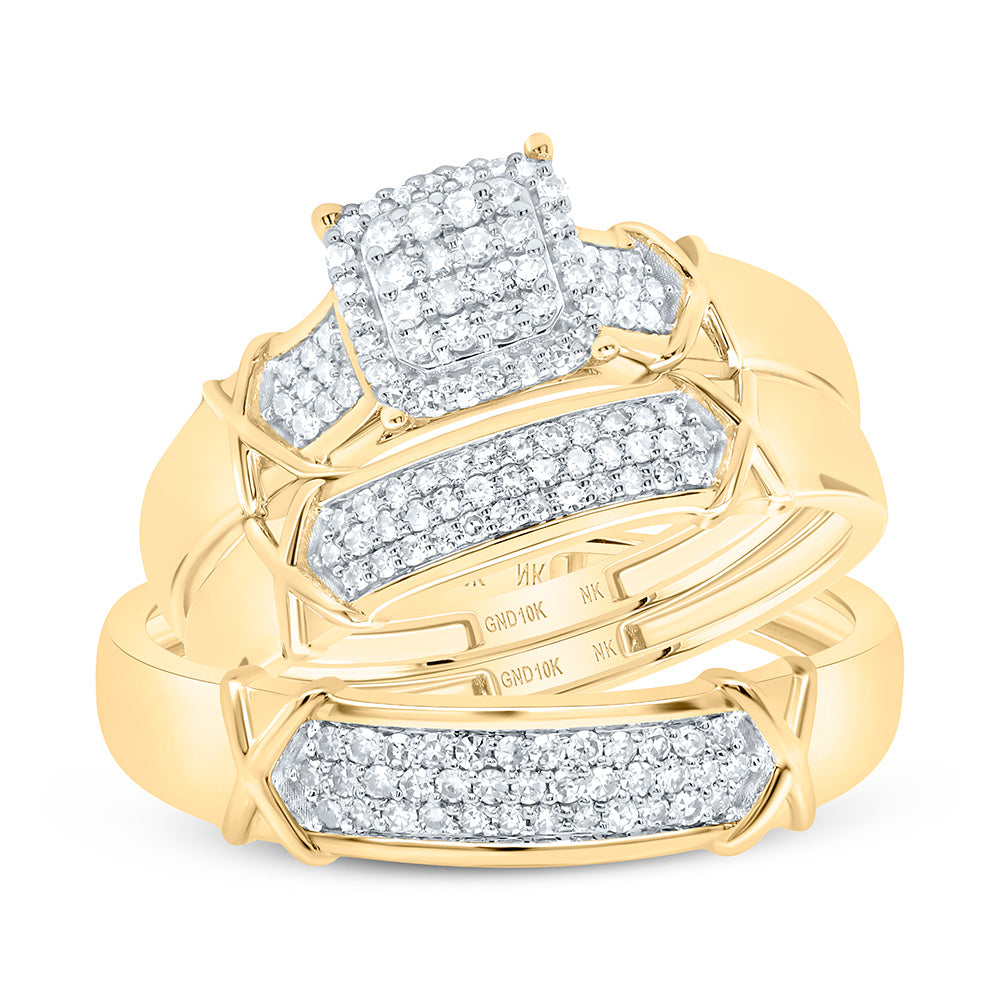 10K Yellow or White Gold 1/2 Ctw Natural Diamond Cushion Trio Set, Womens Size: 5-9, Mens Size: 8-12