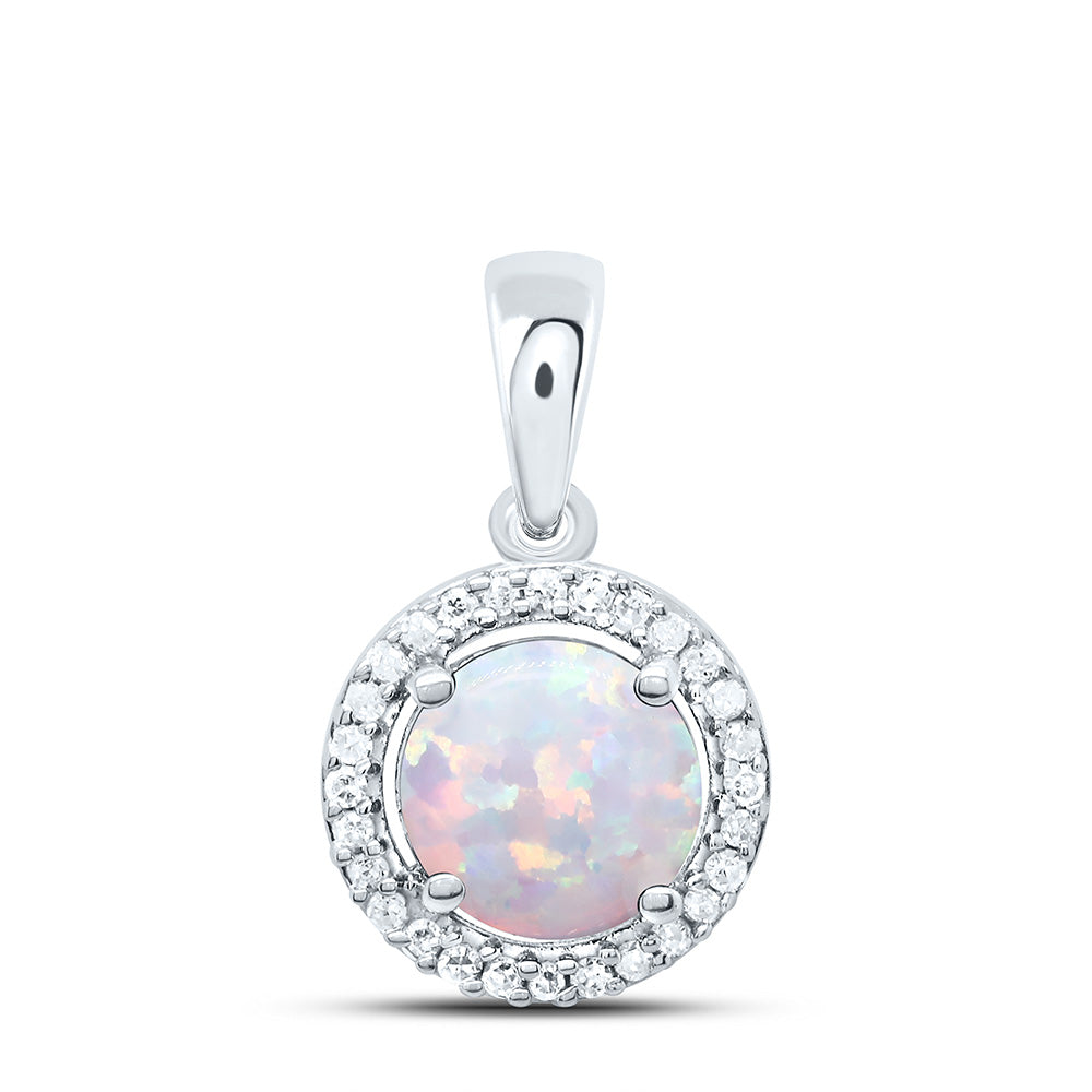 10K Yellow or White Gold 1/12 Ctw Natural Diamond 6MM Round Opal Synthetic Pendant