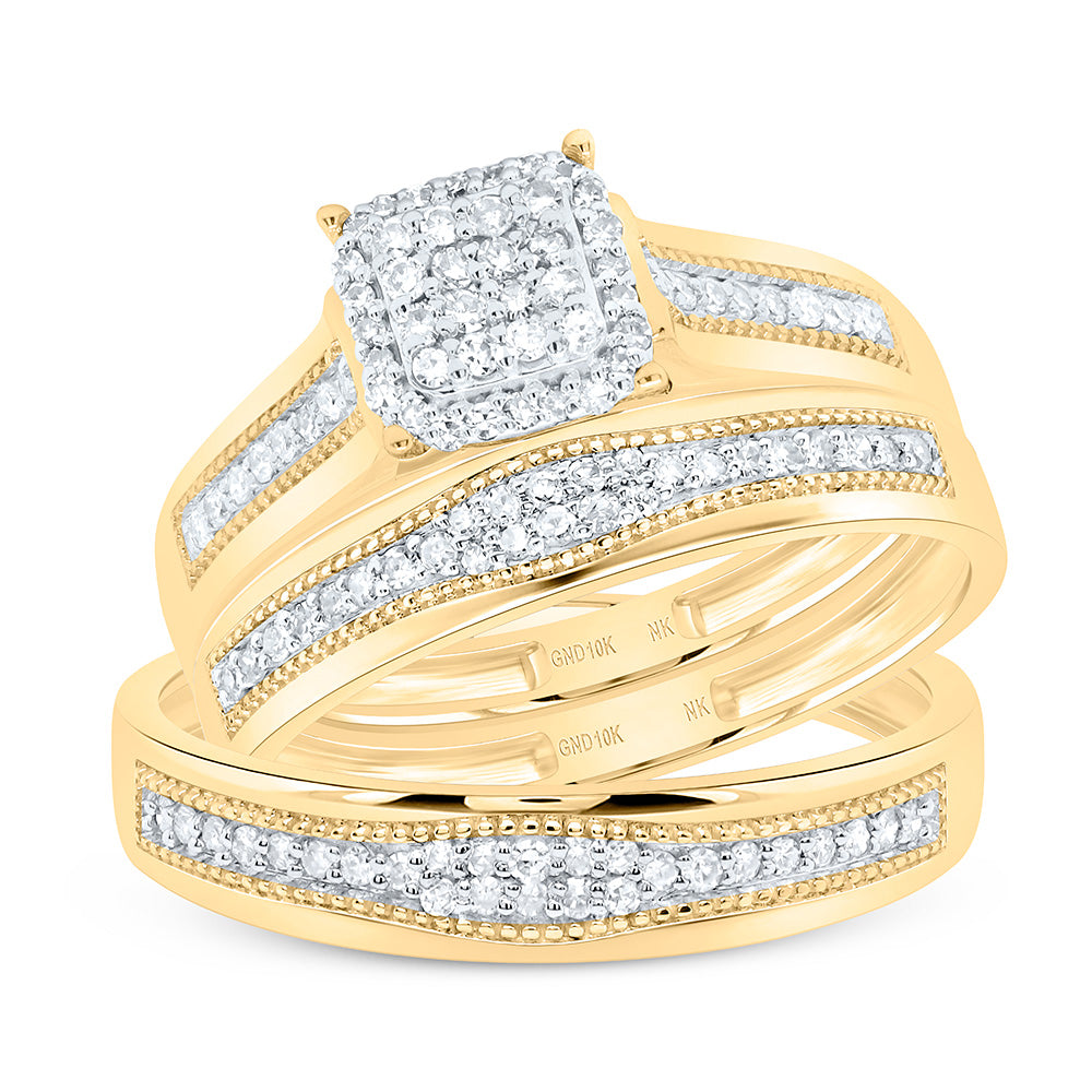 10K Yellow or White Gold 3/8 Ctw Natural Diamond Cushion Trio Set, Womens Size: 5-9, Mens Size: 8-12