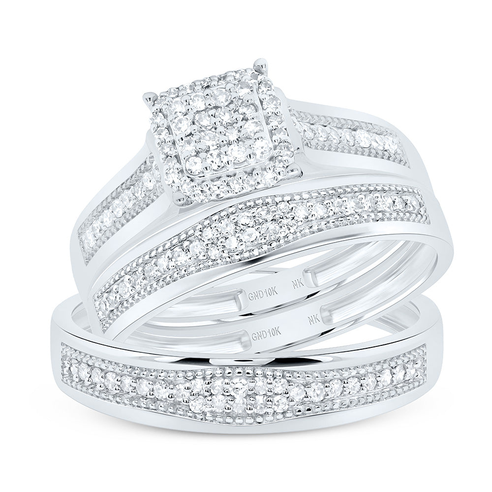 10K Yellow or White Gold 3/8 Ctw Natural Diamond Cushion Trio Set, Womens Size: 5-9, Mens Size: 8-12