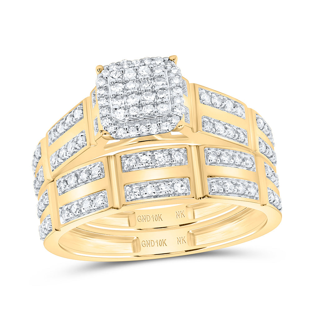 10K Yellow Gold 5/8 Ctw Natural Diamond Cushion Trio Set, Womens Size: 5-9, Mens Size: 8-12
