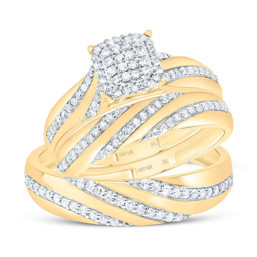 10K Yellow or White Gold 1/2 Ctw Natural Diamond Cushion Trio Set, Womens Size: 5-9, Mens Size: 8-12