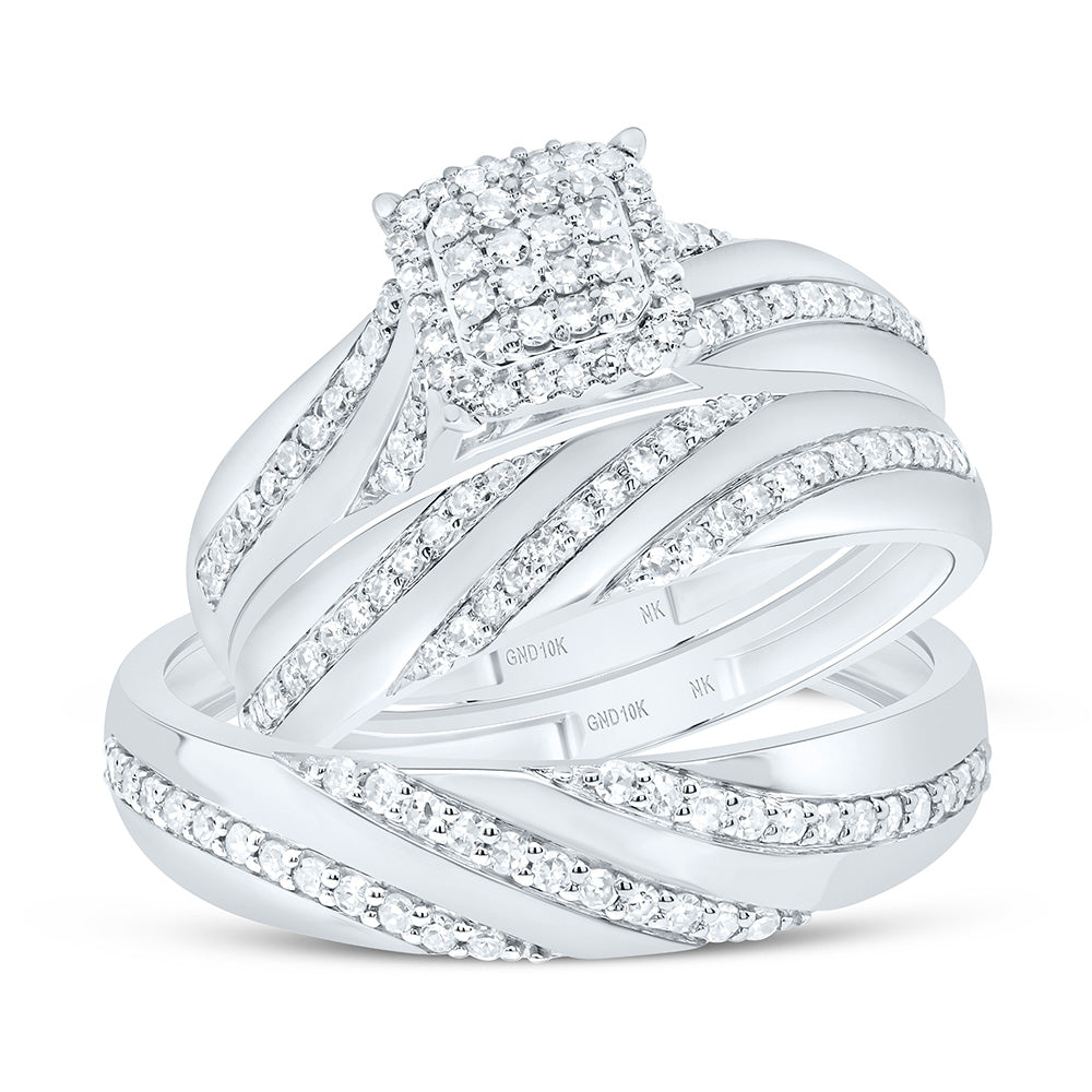 10K Yellow or White Gold 1/2 Ctw Natural Diamond Cushion Trio Set, Womens Size: 5-9, Mens Size: 8-12