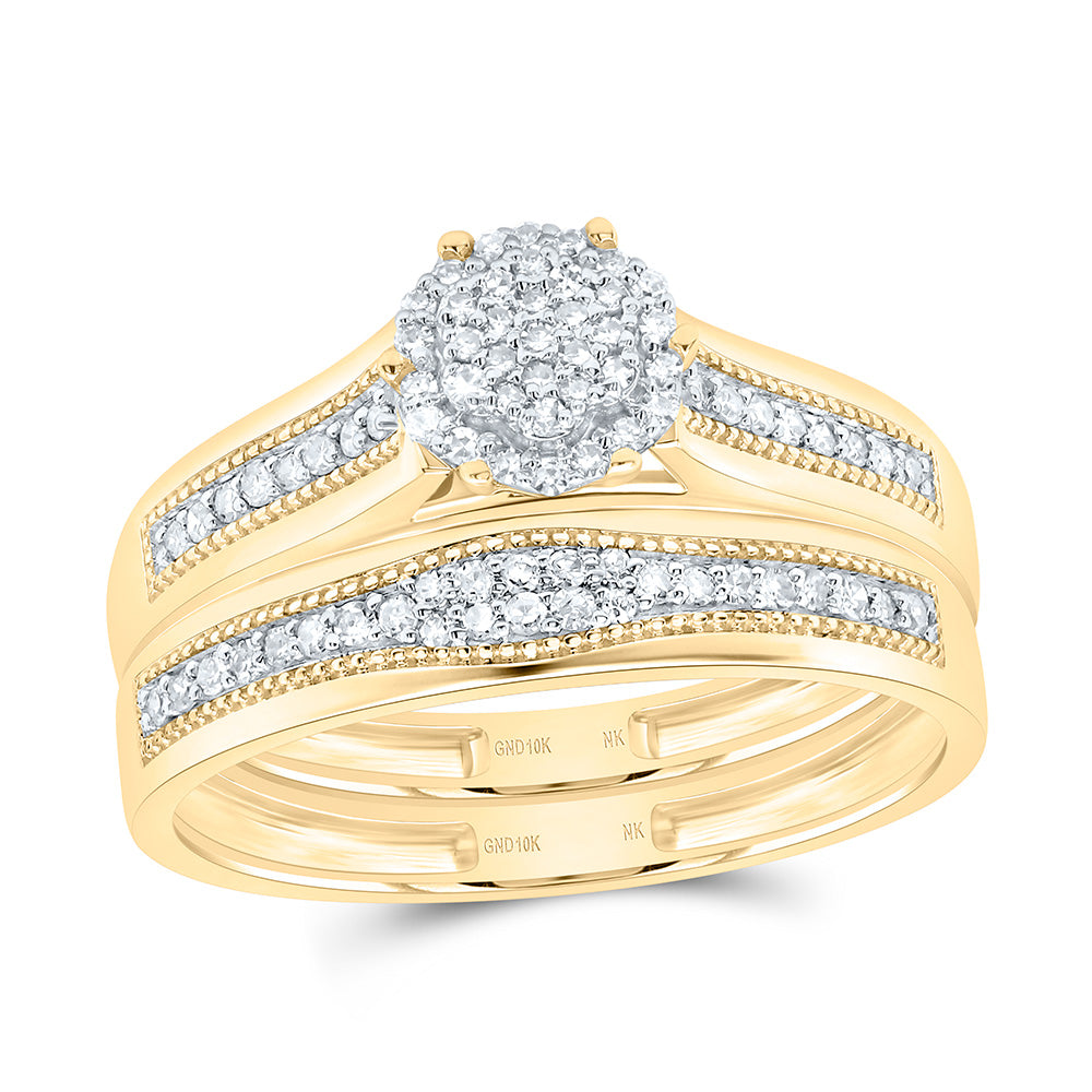 10K Yellow or White Gold 3/8 Ctw Natural Diamond Flower Trio Set, Womens Size: 5-9, Mens Size: 8-12