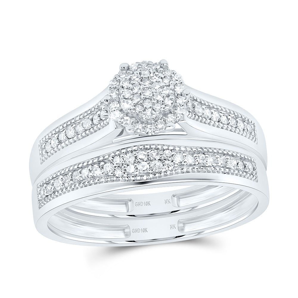 10K Yellow or White Gold 3/8 Ctw Natural Diamond Flower Trio Set, Womens Size: 5-9, Mens Size: 8-12