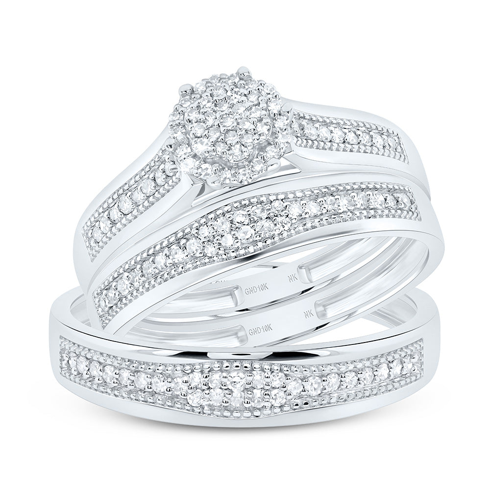 10K Yellow or White Gold 3/8 Ctw Natural Diamond Flower Trio Set, Womens Size: 5-9, Mens Size: 8-12