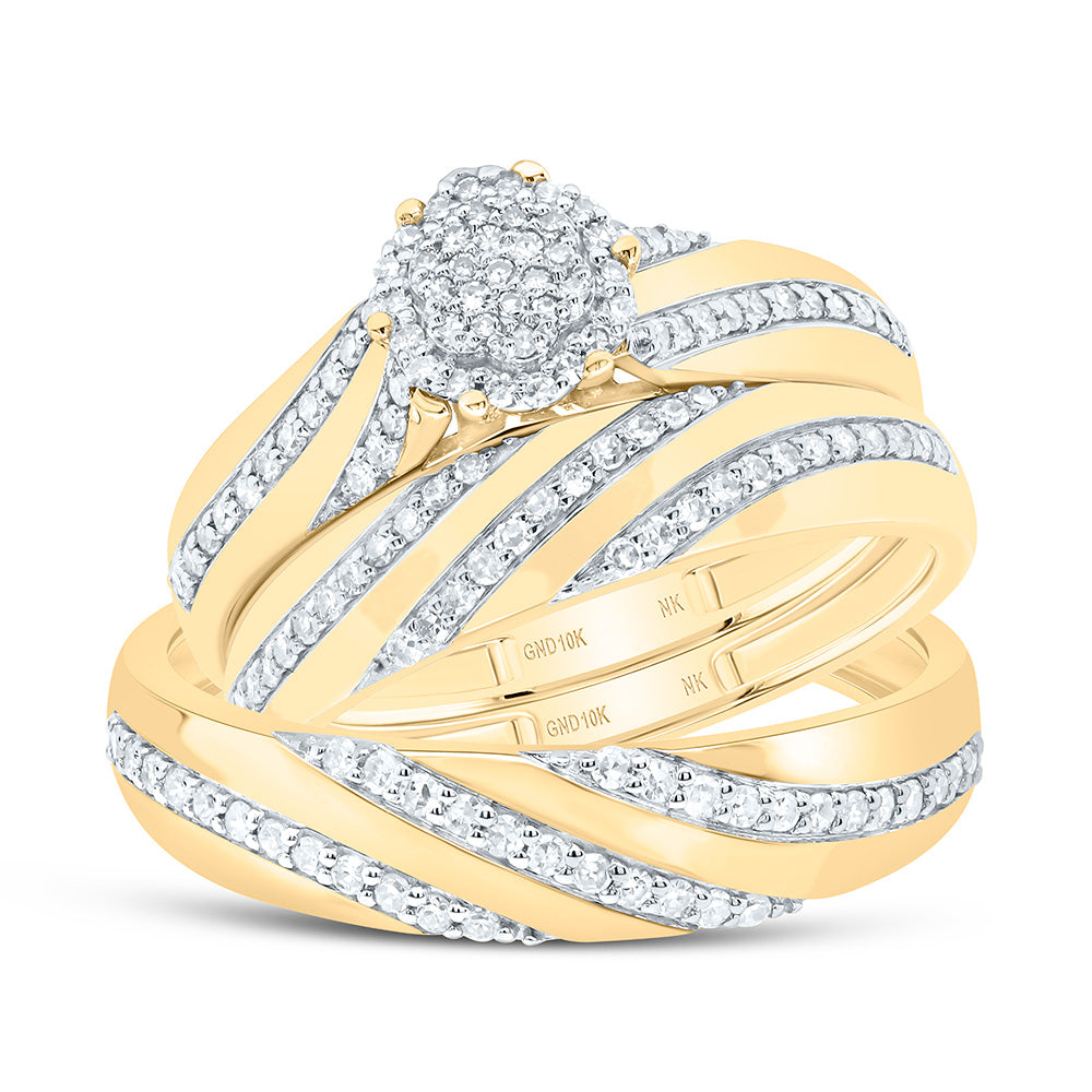 10K Yellow or White Gold 1/2 Ctw Natural Diamond Flower Trio Set, Womens Size: 5-9, Mens Size: 8-12