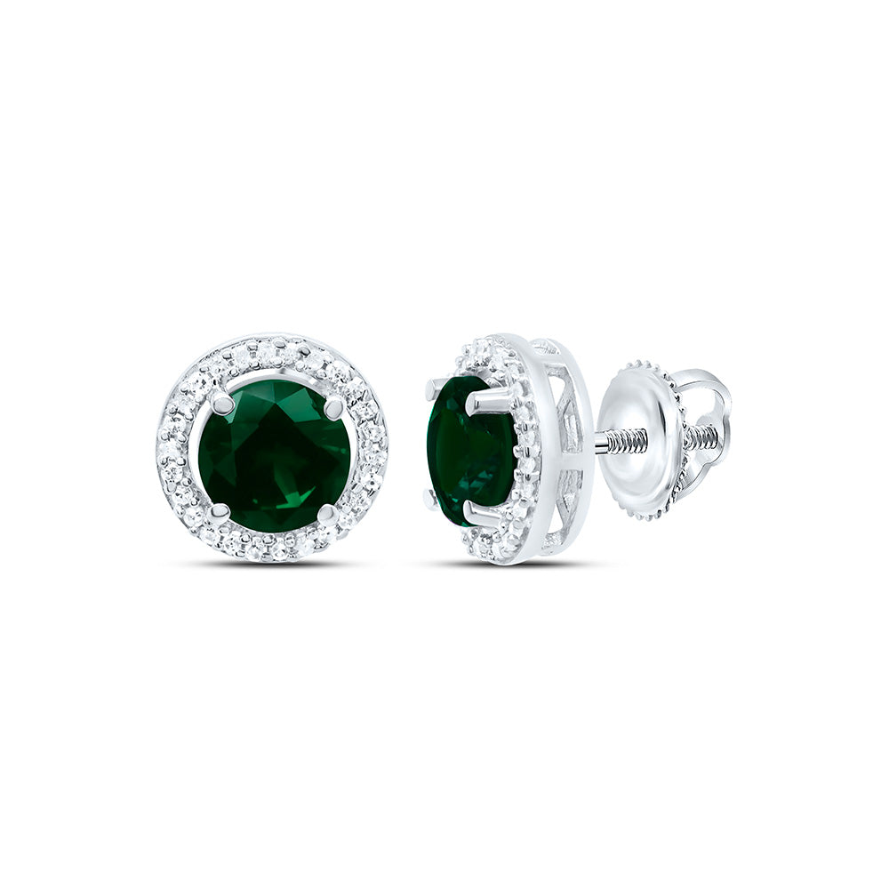 10K Yellow or White Gold 1/10 Ctw Natural Diamond 5MM Round Emerald Synthetic Earring