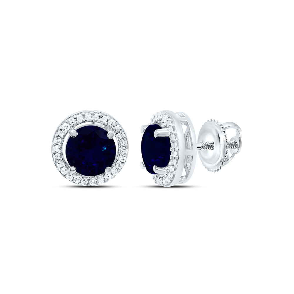 10K Yellow or White Gold 1/10 Ctw Natural Diamond 5MM Round Blue Sapphire Synthetic Earring