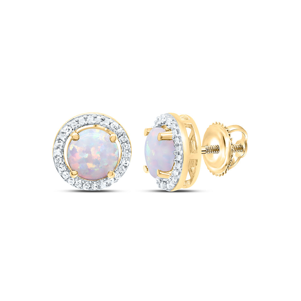 10K Yellow or White Gold 1/10 Ctw Natural Diamond 5MM Round Opal Synthetic Earring