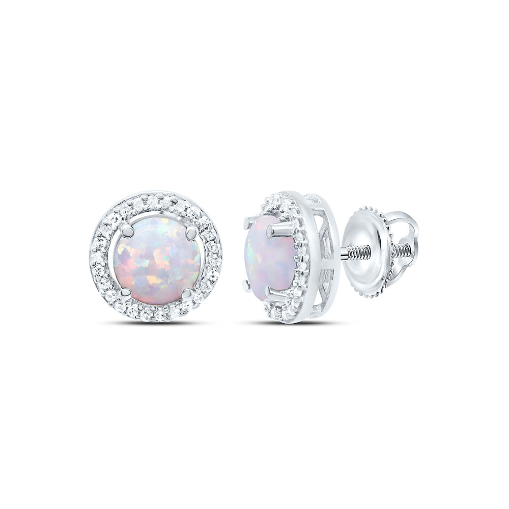 10K Yellow or White Gold 1/10 Ctw Natural Diamond 5MM Round Opal Synthetic Earring