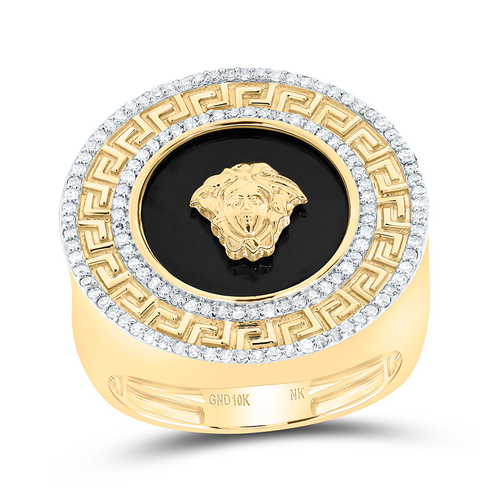 10K Yellow Gold 1/2Cttw Natural Diamond Nk 15.50 Mm Onyx Round Men'S Ring