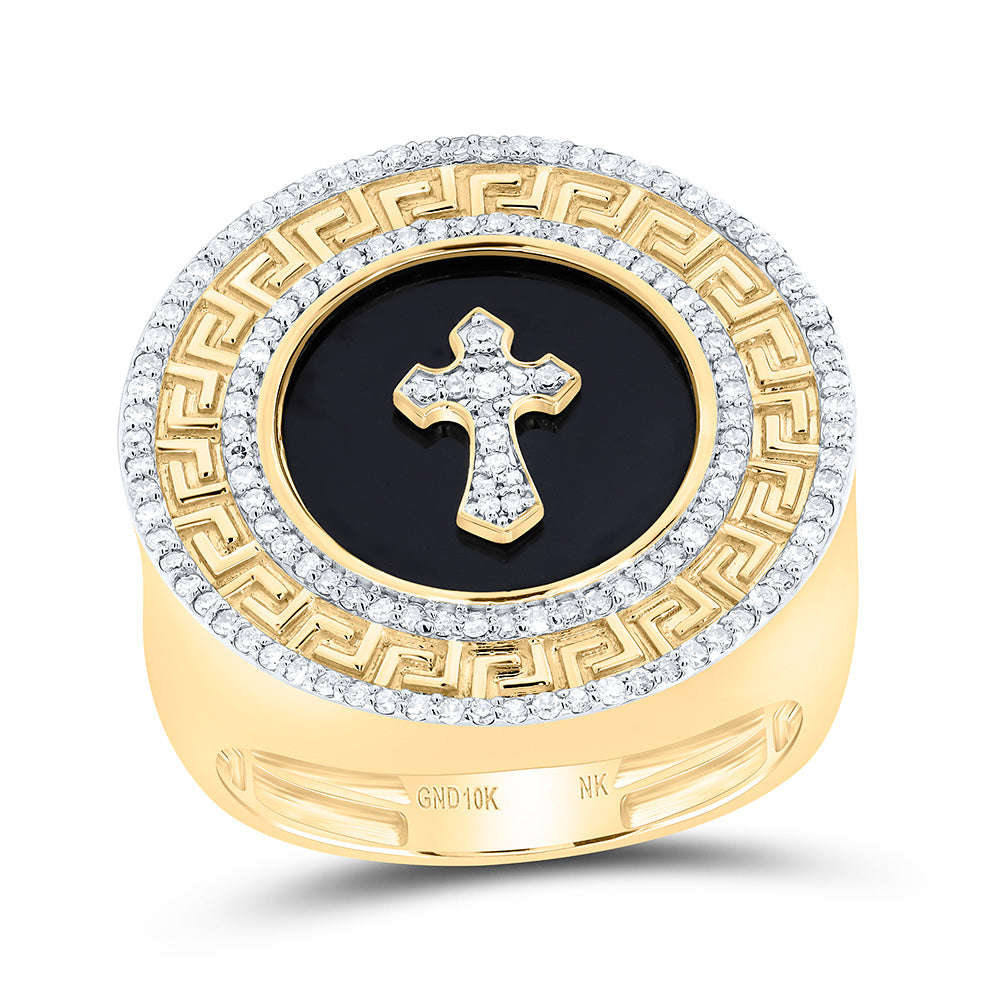 10K Yellow Gold 1/2Cttw Natural Diamond Nk15.50Mm Onyx Round Cross Men'S Ring