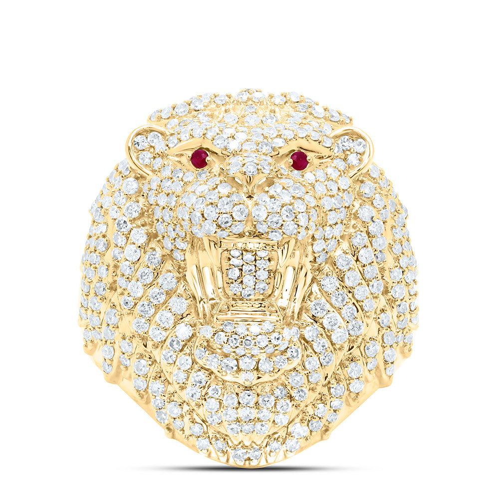 10K Yellow Gold 2 1/2Cttw Natural Diamond 0.03Cttw Round Ruby Lion Face Men'S Ring