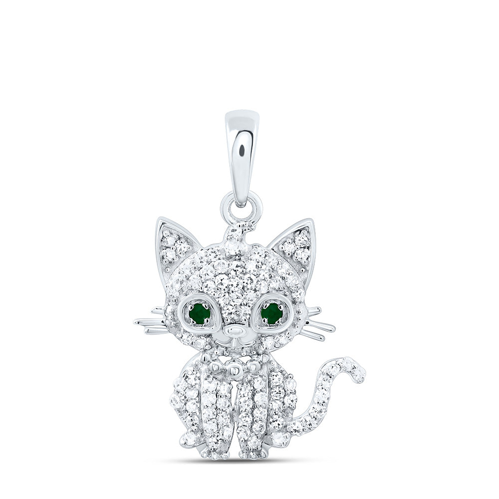 10K Yellow Or White Gold 1/6Cttw Natural Diamond Gift 0.01Cttw Round Emerald Cat Pendant