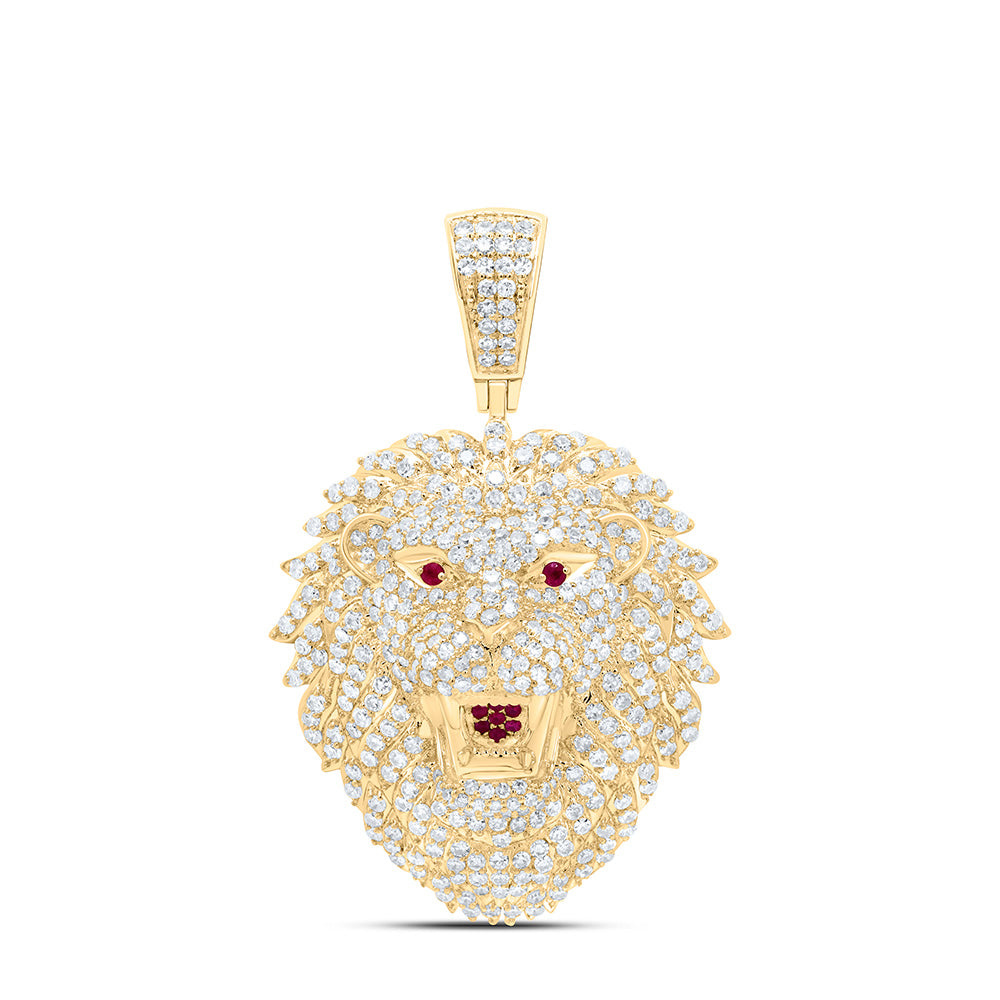 10K Yellow Gold 2 1/3Cttw Natural Diamond 1/10Cttw Round Ruby Lion Face Mens Charm