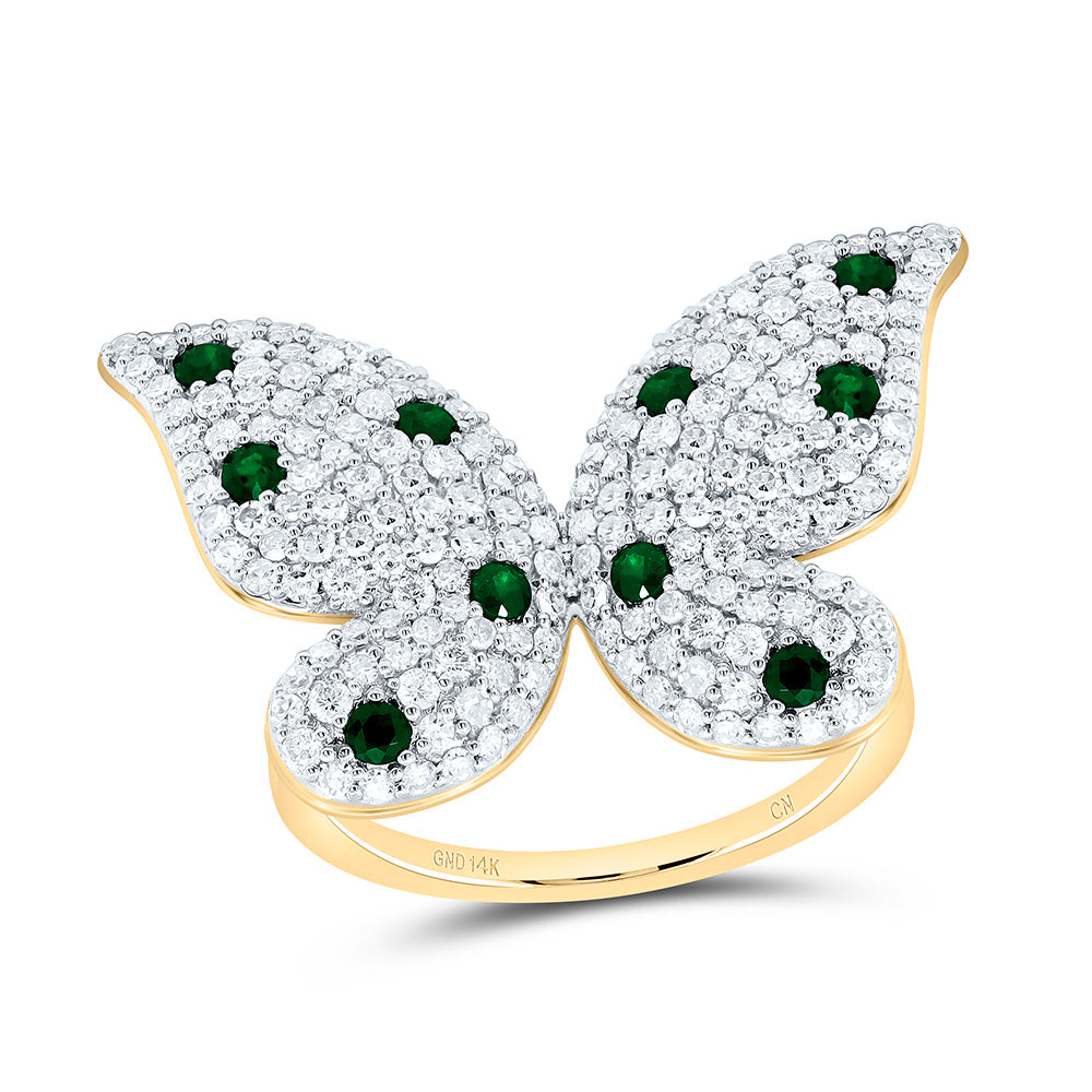 14K Yellow Gold 1 1/3Cttw Natural Diamond Cn 1/3Ctw Round Emerald Natural Gem Butterfly Ring