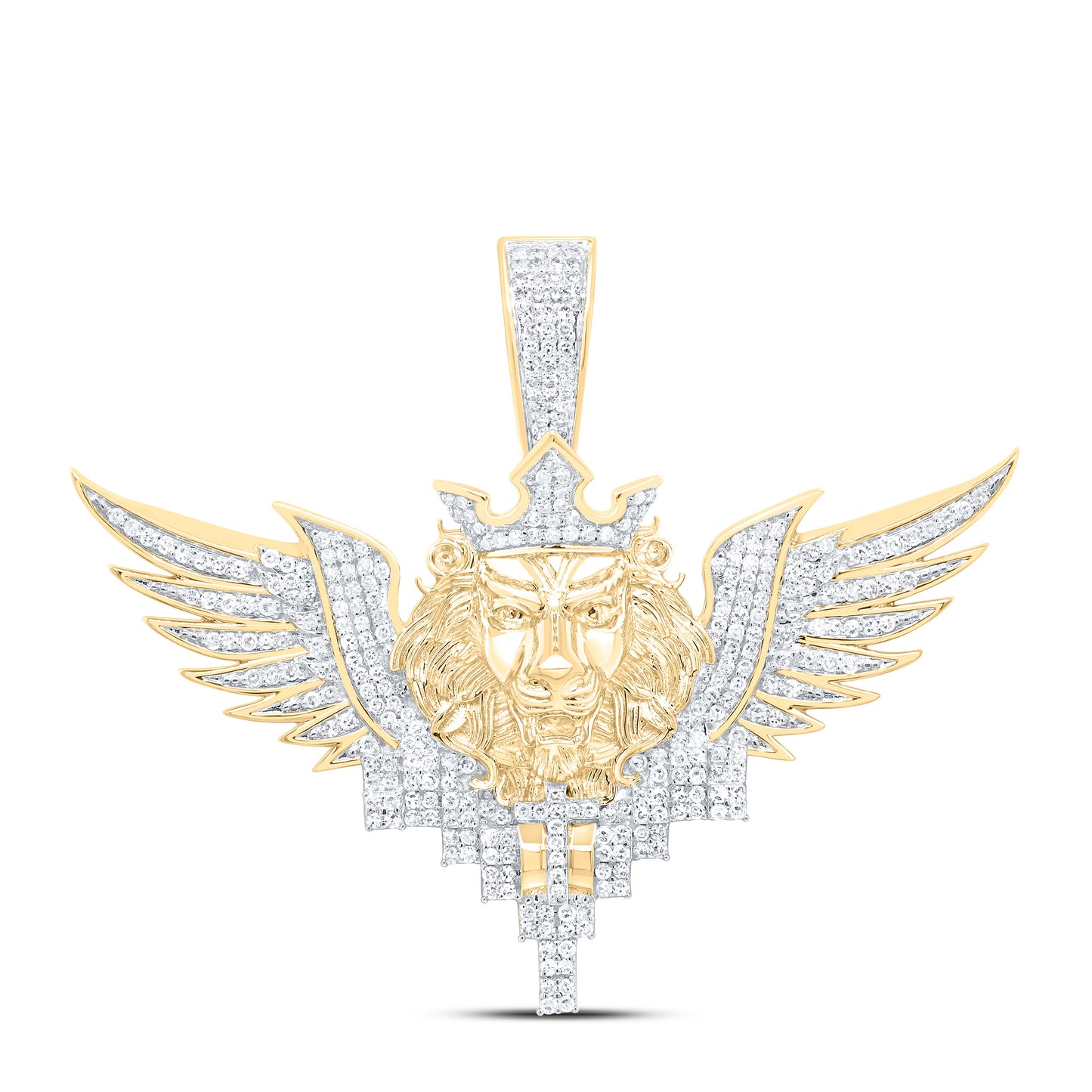10K Yellow Gold 1 1/4Cttw Natural Diamond Lion Face Wings Cross Mens Charm