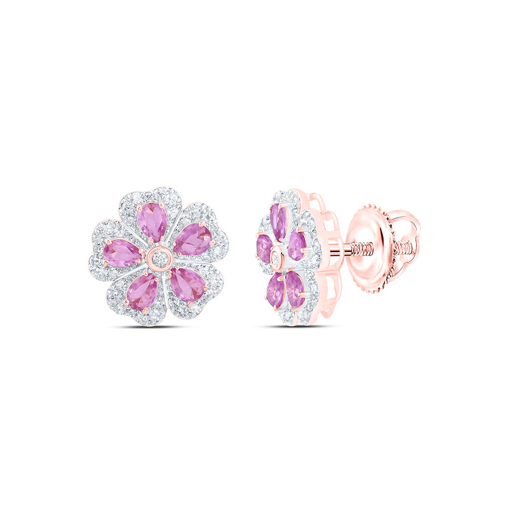 14K White Or Rose Gold Natural Diamond Cn Pear Pink Sapphire Natural Gem Flower Earring