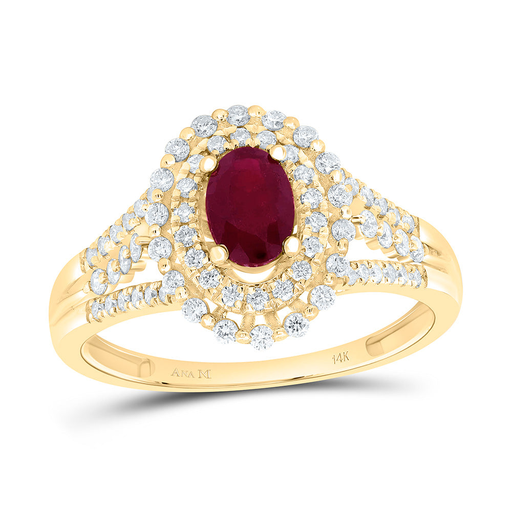 14K Yellow Gold 3/8Cttw Natural Diamond 6X4Mm Oval Ruby Ring