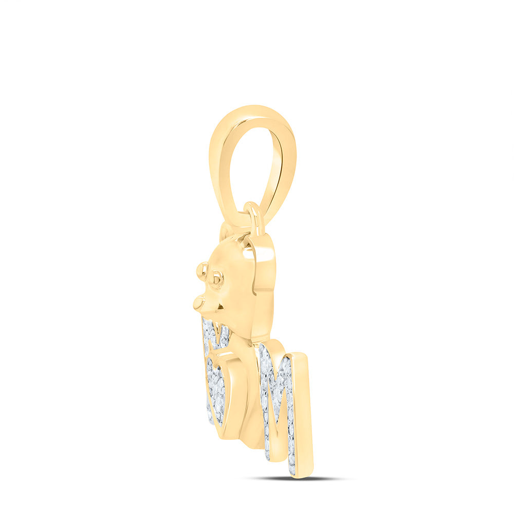 10K Yellow Gold 1/6Cttw Natural Diamond Gift Teddy Bear Heart "Mom" Pendant