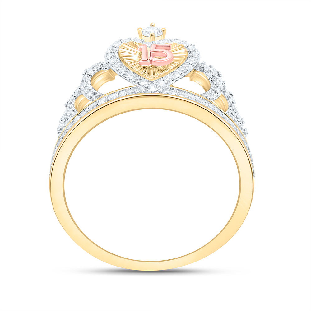 10K Yellow/Rose Gold 1/3Cttw Natural Diamond Gift "15" Heart Crown Ring