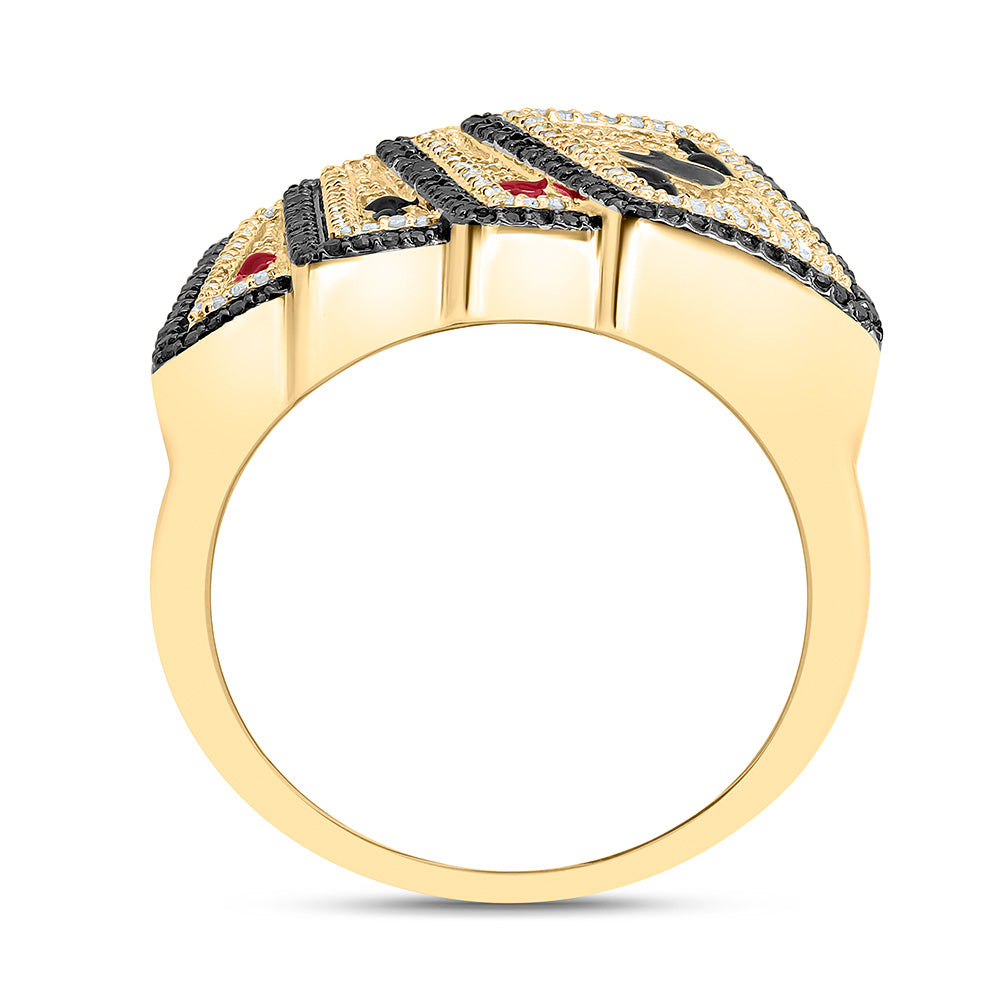 10K Yellow Gold 3/4Cttw Natural Diamond Nk Round Black Diamond Ace Card Mens Ring