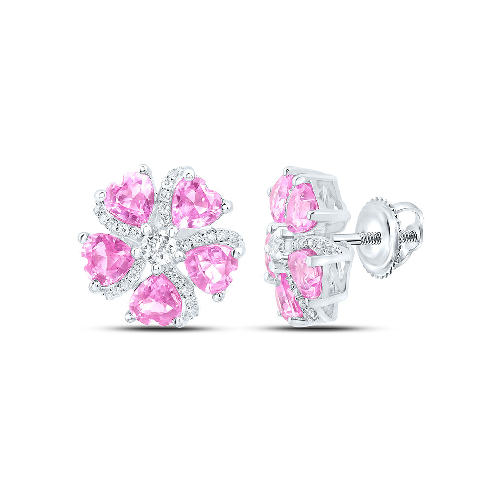 14K White Gold 1/5Cttw Natural Diamond Ana M 2 Ctw Heart Pink Sapphire, Natural Gem Heart Flower Earring