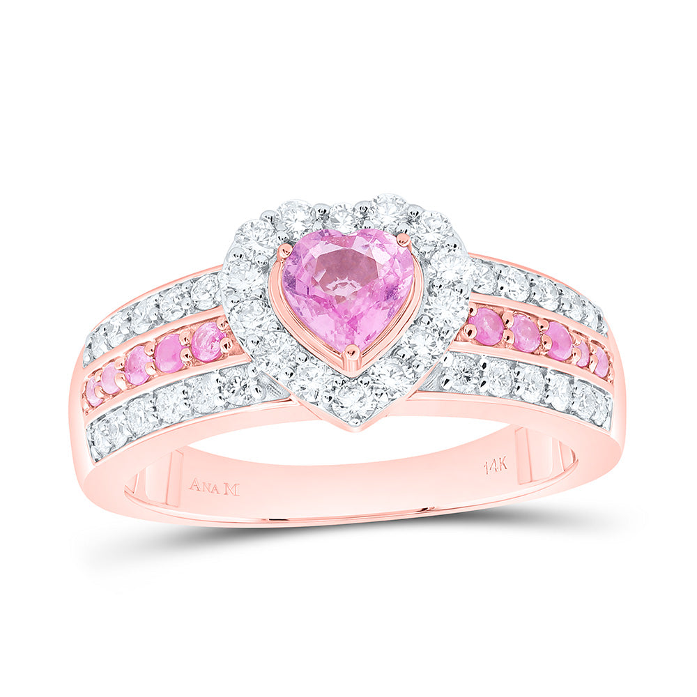14K Rose Gold 1/2Cttw Natural Diamond Ana M 1/6Ctw Round Pink Sapphire, 5Mm Heart Pink Sapphire Natural Gem Heart Ring